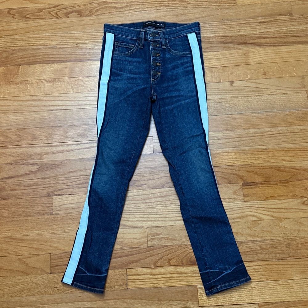 Veronica Beard debbie skinny high rise tuxedo stripe button fly jeans